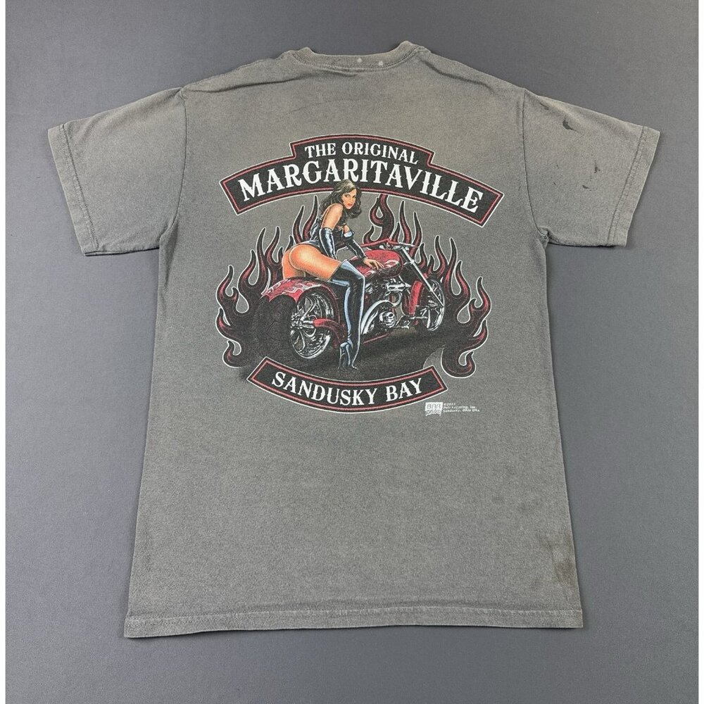 Rare Vintage Y2K Margaritaville Sandusky Bay Sexy Girl Biker Flames Sun Fade Tee